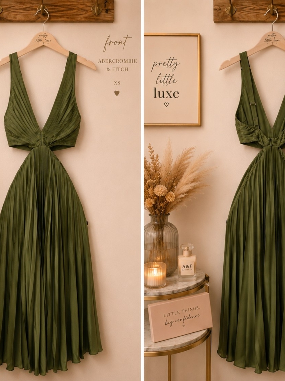Abercrombie & Fitch Olive V-Neck Pleated Midi Dress XS